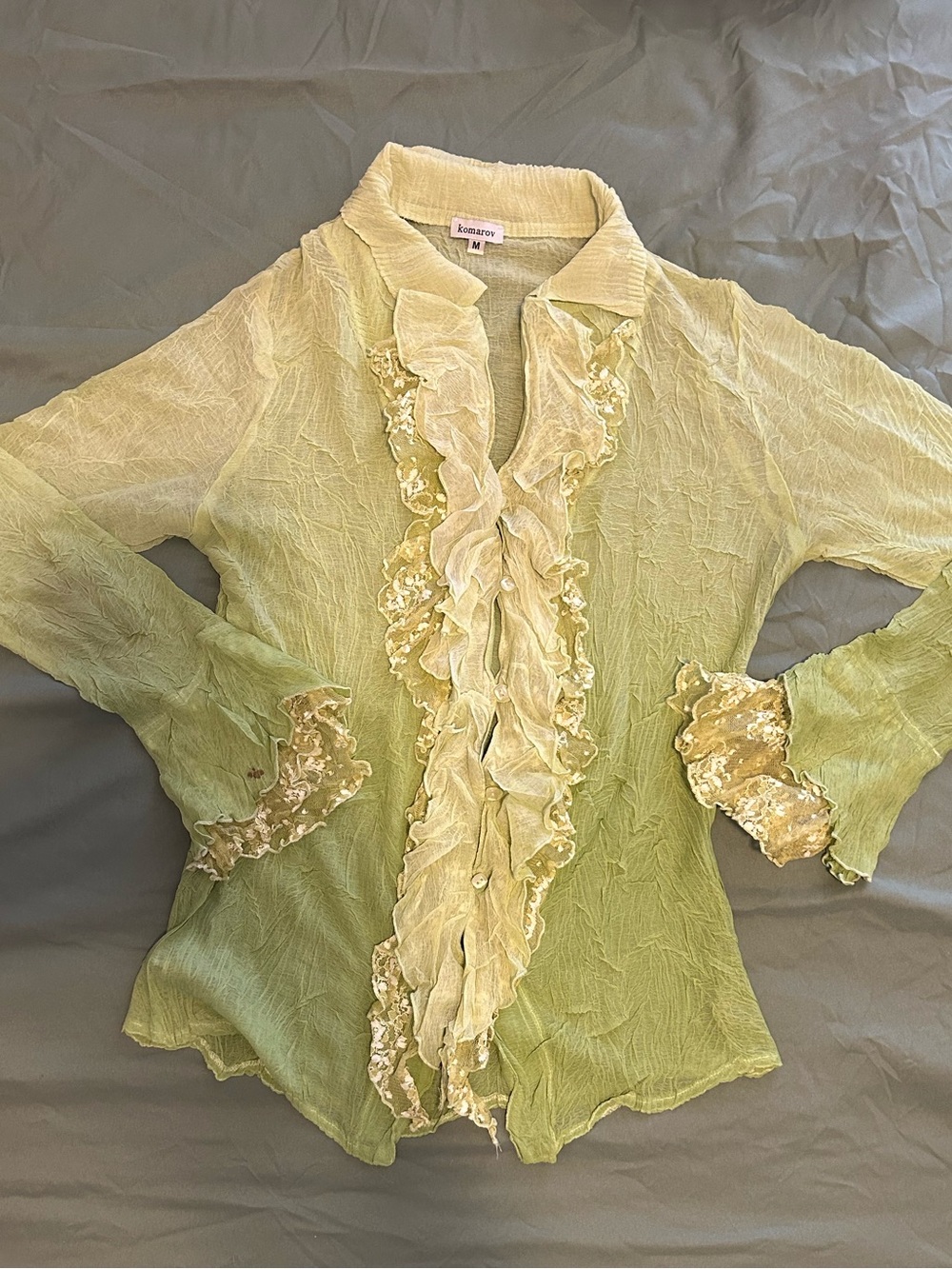 Komarov Light Green Ruffle-Front Sheer Button-Down Blouse